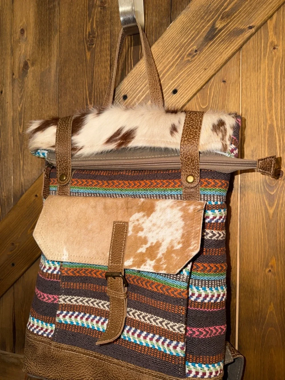 Myra Southwestern Cowhide & Woven Backpack - Brown Multi